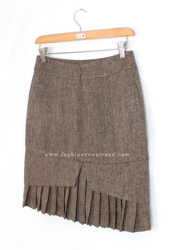 SK-427 กระโปรงแฟชั่น&ทำงาน ทรงสอบ ผ้าคอตต้อนลินินไอริส สีน้ำตาล ชายกระโปรงจับจีบรอบตัว