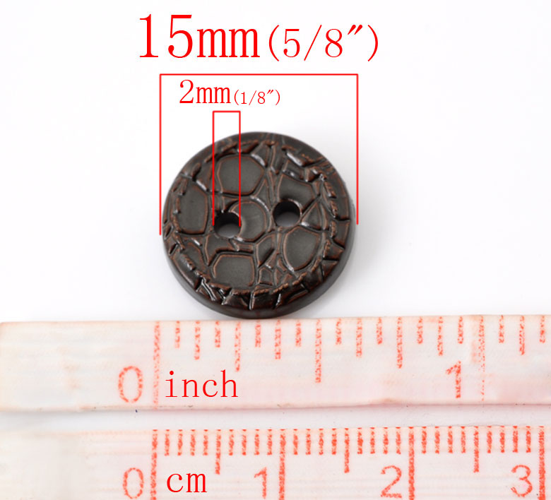 กระดุมเรซิ่นสีน้ำตาลเข้ม 2 รู ขนาด 15mm. 20 เม็ด