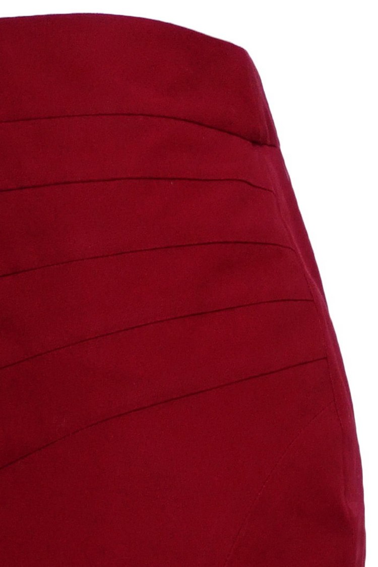 SK-085 กระโปรงทรงสอบ ผ้าคอตต้อนญี่ปุ่นผสมสเปนเดกสีแดงเลือดหมู ด้านหน้าเย็บแบบตัดต่อผ้า