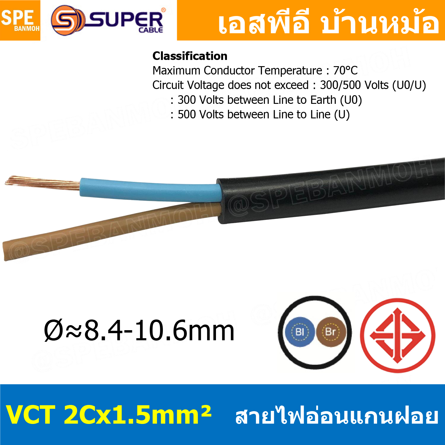 [ 2 เมตร ] VCT-2x1.5 สาย VCT 2C X 1.5 sq.mm สายอ่อน 2 คอร์ Size 1.5 sq.mm VCT AC Power Cable สายไฟ AC สายปลั๊ก IEC53 สายมาตรฐาน มอก. TIS 11-2553 2x1.5 สายไฟเอซี สายไฟบ้าน VCT Cable Flexible Cable สายไฟ ฉนวนPVC สายไฟอ่อน