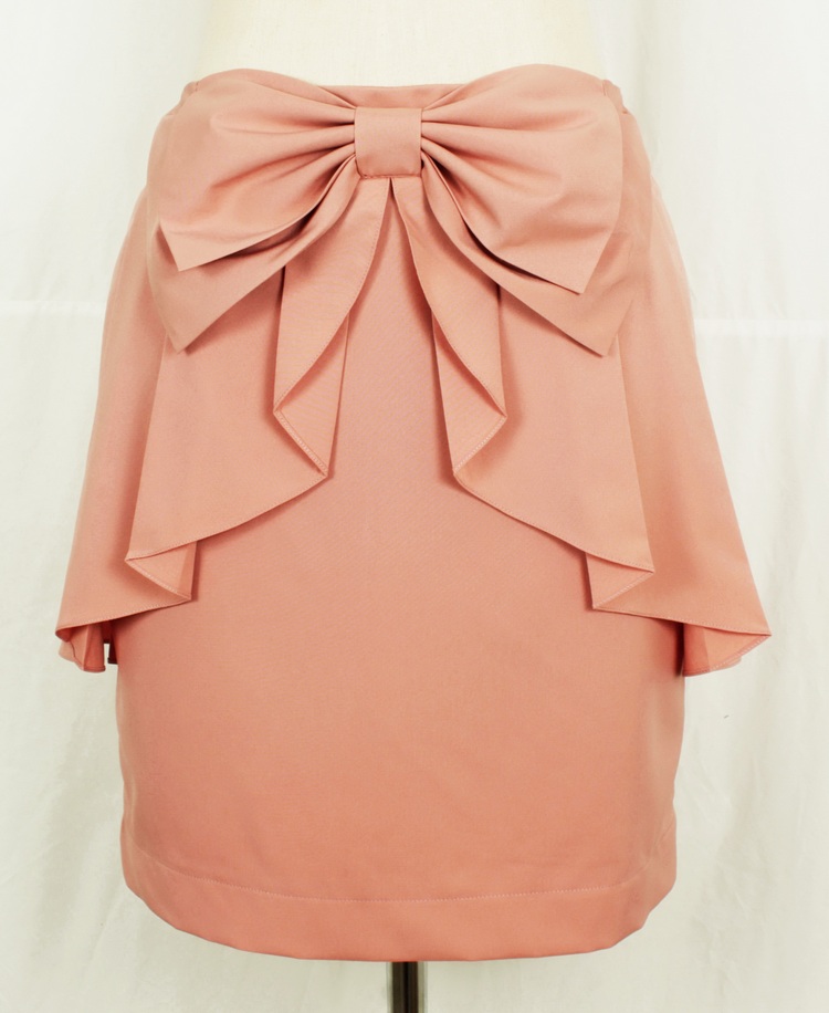 SK-146 กระโปรงแฟชั่น&ทำงาน ผ้าไหมอิตาลีสีชมพูพาสเทล มีโบว์ซ้อนกัน 2 ชั้น