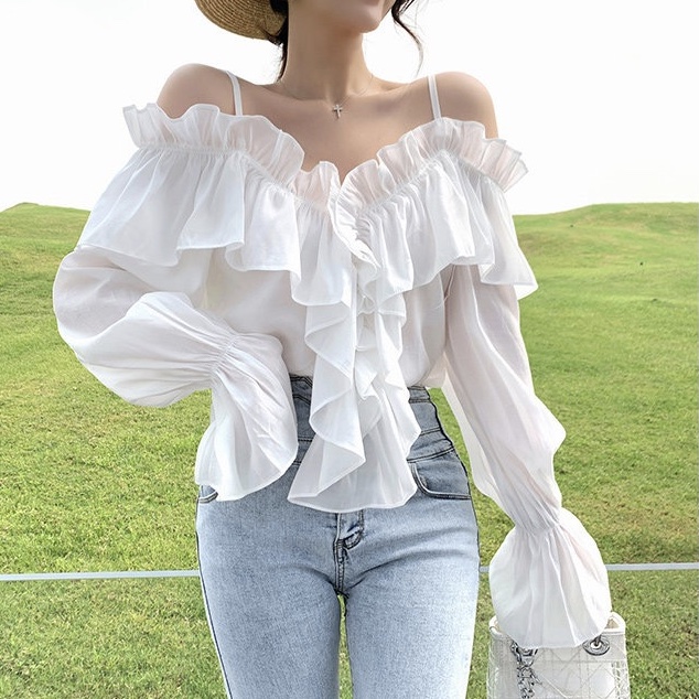 เสื้อลินินเปิดไหล่ แขนยาว Linen blouse