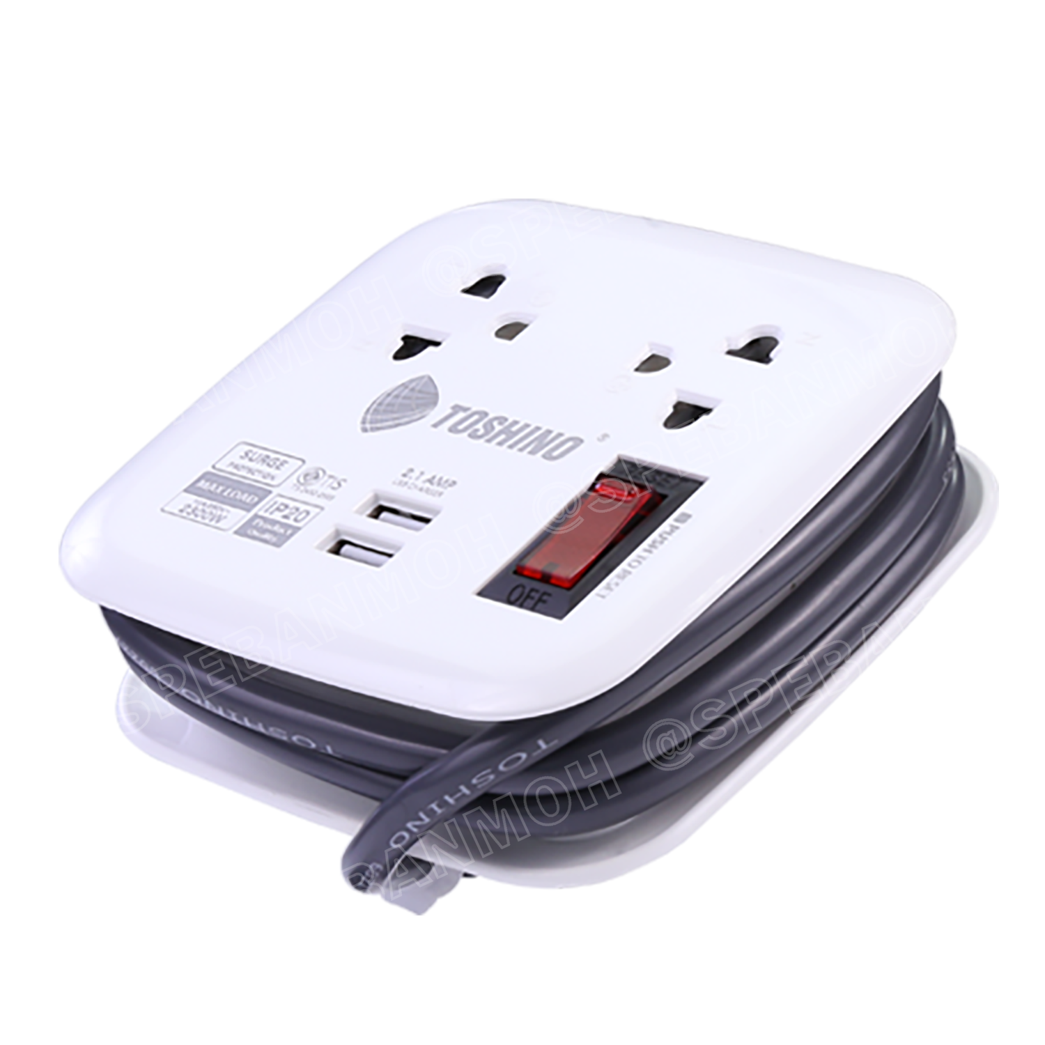 XP-1M ปลั๊กราง Toshino ปลั๊กไฟพกพา XP-1M รางปลั๊กไฟ 2 ช่อง 1สวิตซ์รีเซ็ต 2 USB 2.1A ยาว 1 เมตร รองรับกำลังไฟ 10A 2300W รางปลั๊กไฟ 2 ช่อง 1สวิตซ์ 2 USB ยาว 1 เมตร รุ่น XP-1M WH Toshino ระบบ Surge Protection ป้องกันไฟกระชาก ระบบ Circuit Br