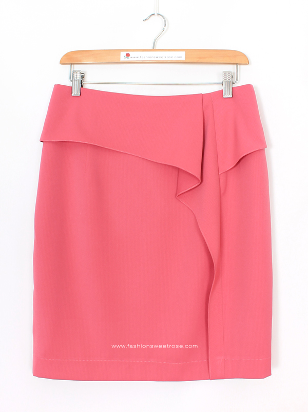 กระโปรงทรงสอบ แต่งระบายด้านหน้า ผ้าโพลีเอสเตอร์ สีชมพู Pink-Candy / SK-481