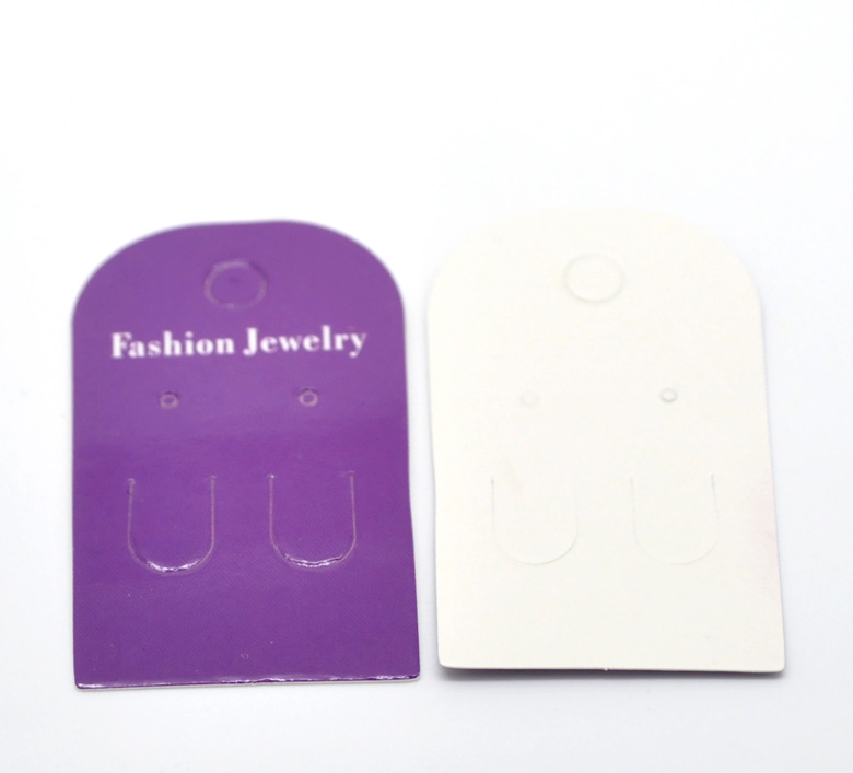 แป้นกระดาษสำหรับแขวนต่างหู สีม่วง พิมพ์ "Fashion Jewery" ขนาด 6x3.5cm(2 3/8"x1 3/8") แพ็ค 100 ชิ้น