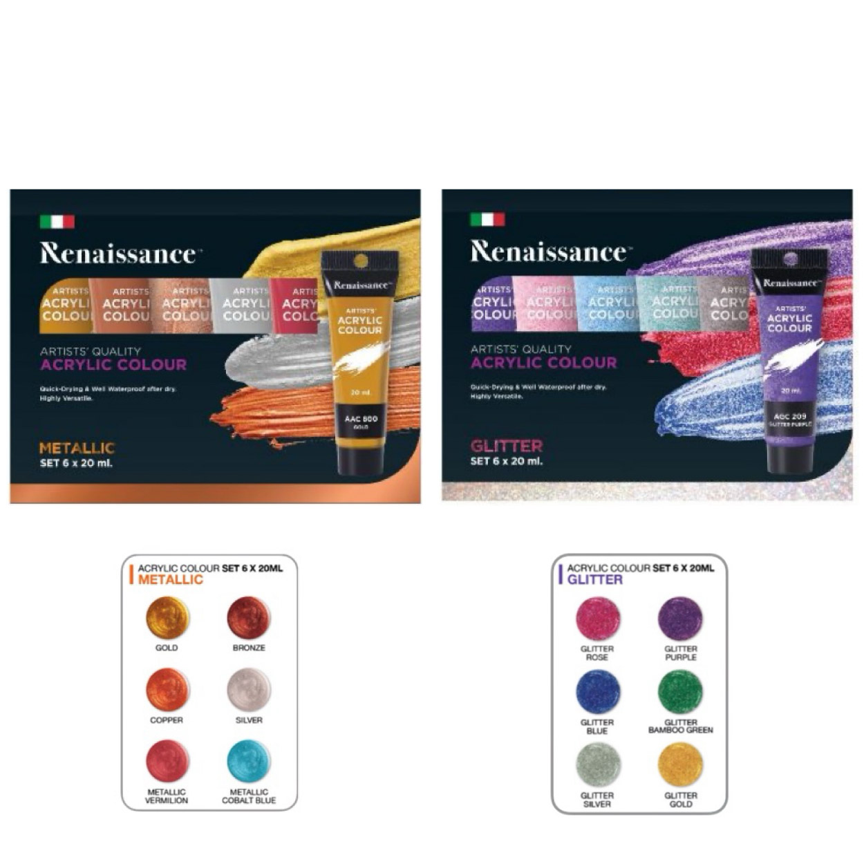 ชุด สีอะคริลิค 6 สี Renaissance รุ่น METALLIC / GLITTER ปริมาณ 20 ml.