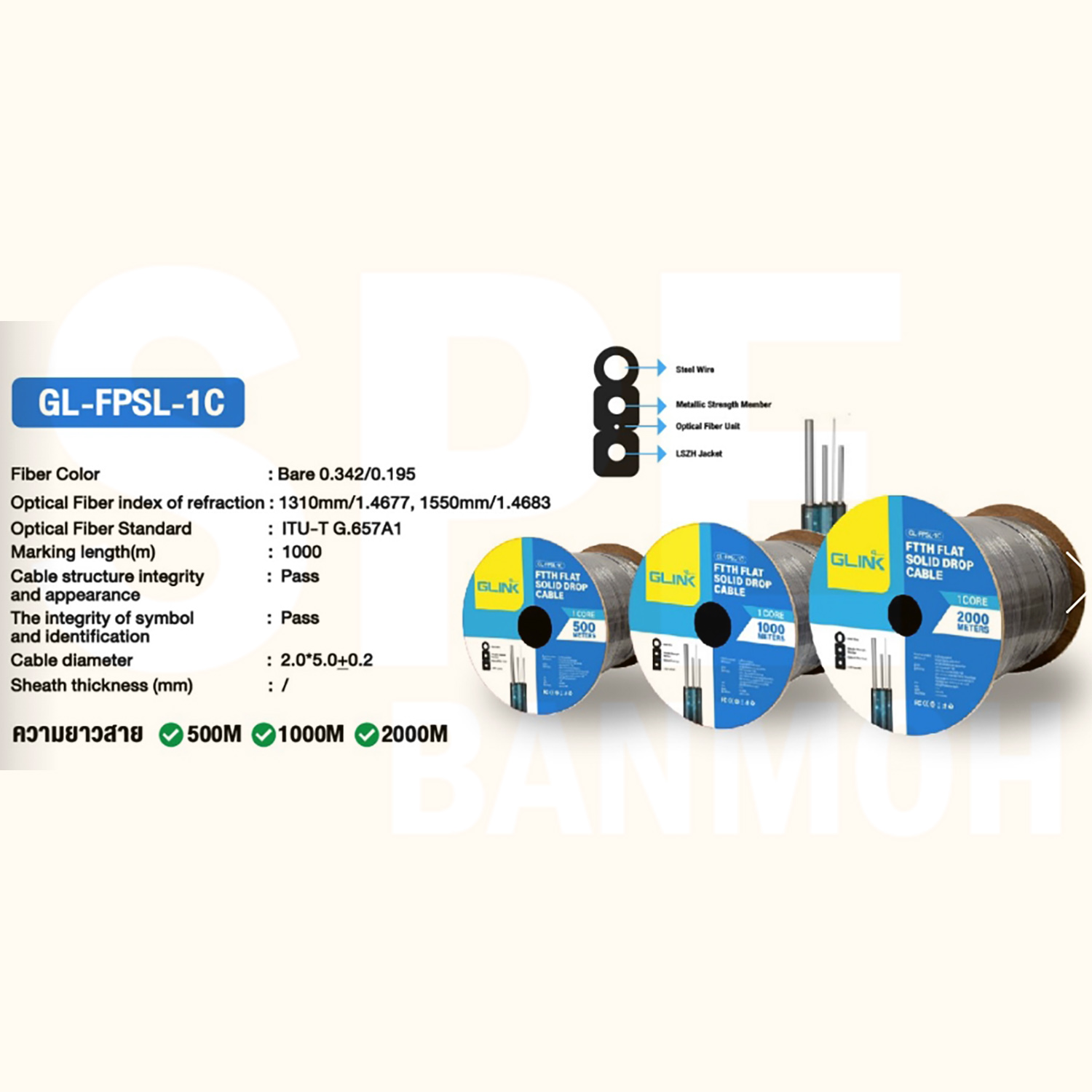 [ 1 ม้วน ] FPSL สายไฟเบอร์ออฟติก FIBER OPTIC OS2 สายใยแก้วนำแสง 1C 2C 4C Singlemode SM Indoor/Outdoor ซิงเกิ้ลโหมด FPSL-1C FPSL-2C FPSL-4C สายไฟเบอร์มีสลิง LSZH Jacket FTTx CCTV CATV