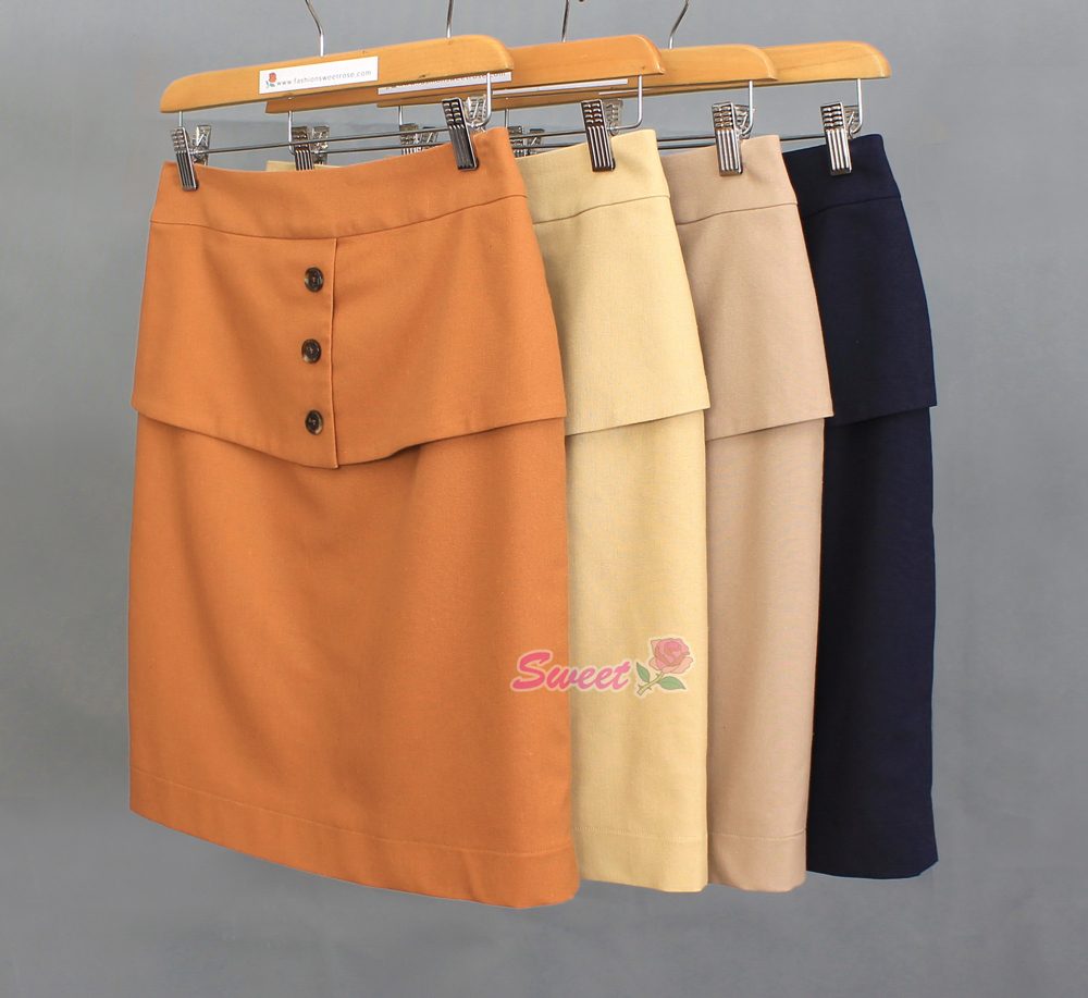 SK-498 กระโปรงทรงสอบ ผ้าคอตต้อนลินินสีน้ำเงิน