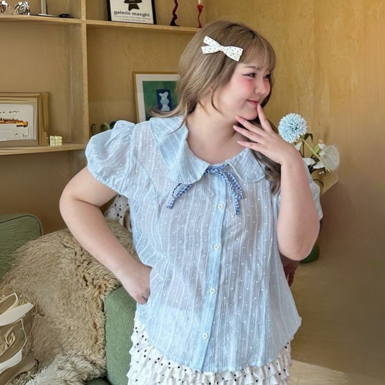 J160 เสื้อสาวอวบ คอบัวแต่งโบว์ แขนตุ๊กตา มีเชือกพูกหลัง ฟ้า ขาว อกได้ถึง48นิ้ว หน้าผ้า50นิ้ว