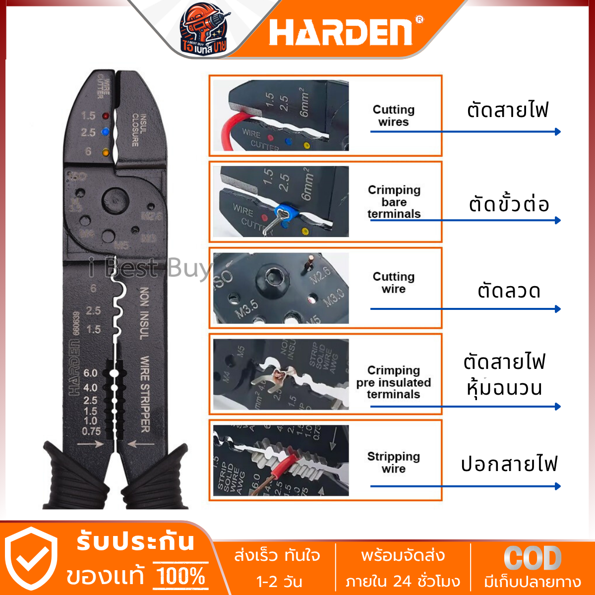 HARDEN คีมปอกสายไฟ อเนกประสงค์ 9นิ้ว เส้นผ่าศูนย์กลาง 0.75 - 6.0มม.รุ่น 660639