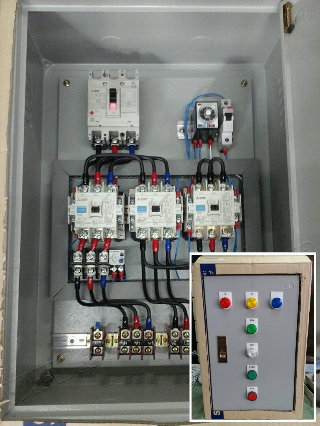 ตู้ควบคุม แบบ สตาร์-เดลต้า (อุปกรณ์ไฟฟ้า MOLD CASE CIRCUIT BREAKER (MITSUBISHI), MAGNETIC CONTACTOR (MITSUBISHI), MULTI RANGE TIMER (WIP), Miniature Circuit Breaker (ABB), Control Switch (T&B)..,