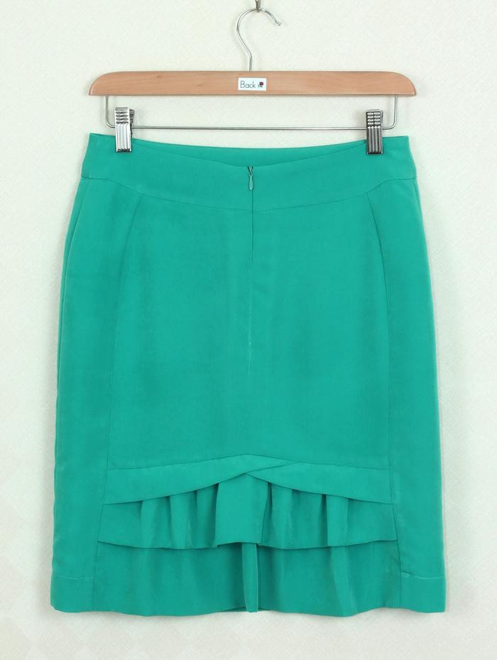 SK-266 กระโปรงแฟชั่น&ทำงาน ทรงสอบ ผ้าวาเลนติโน่ สีเขียวอมฟ้า ด้านหลังจับจีบระบายซ้อนกัน