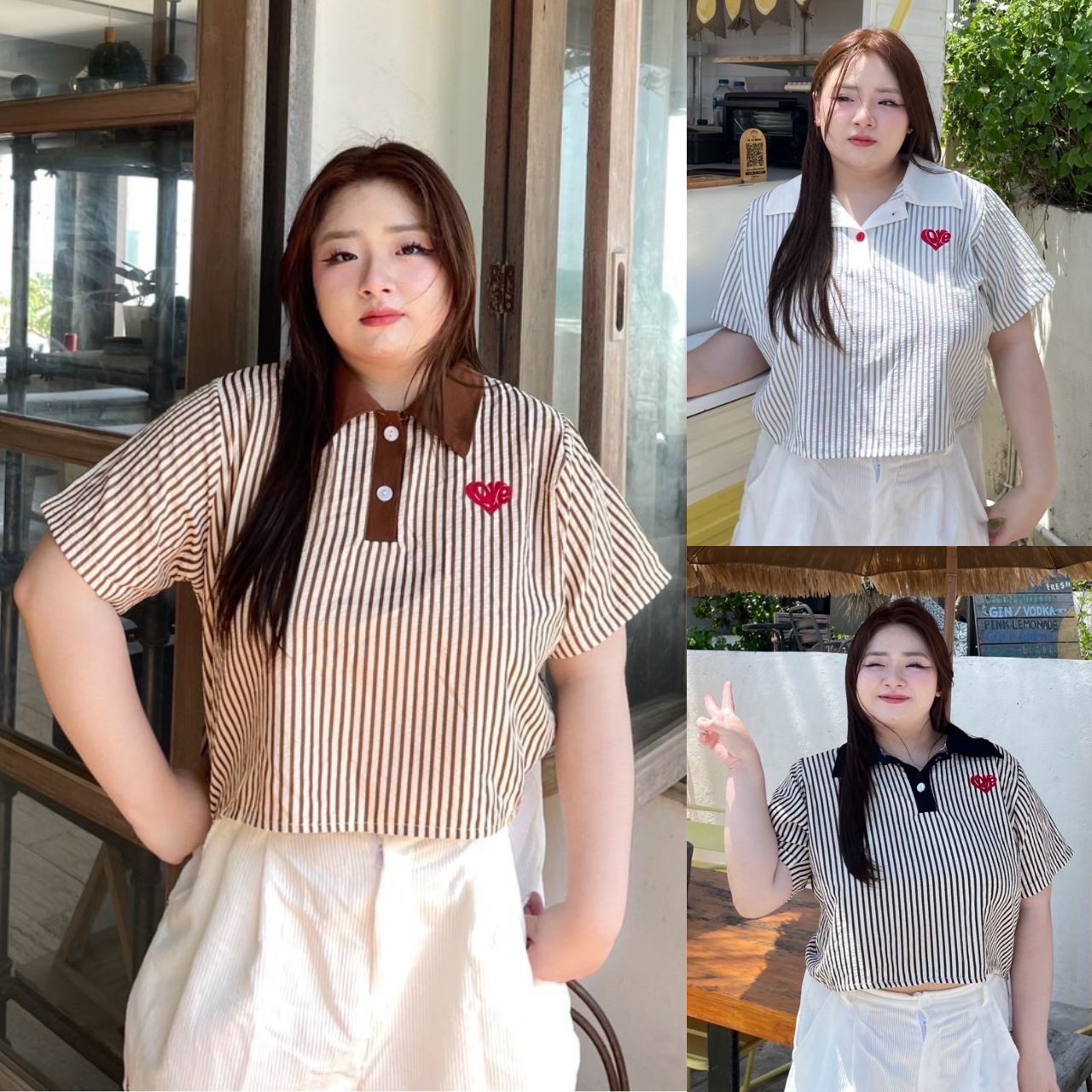 J110 เสื้อครอป คอปก สาวอวบ ดำ น้ำตาล ขาว อก38-48นิ้ว