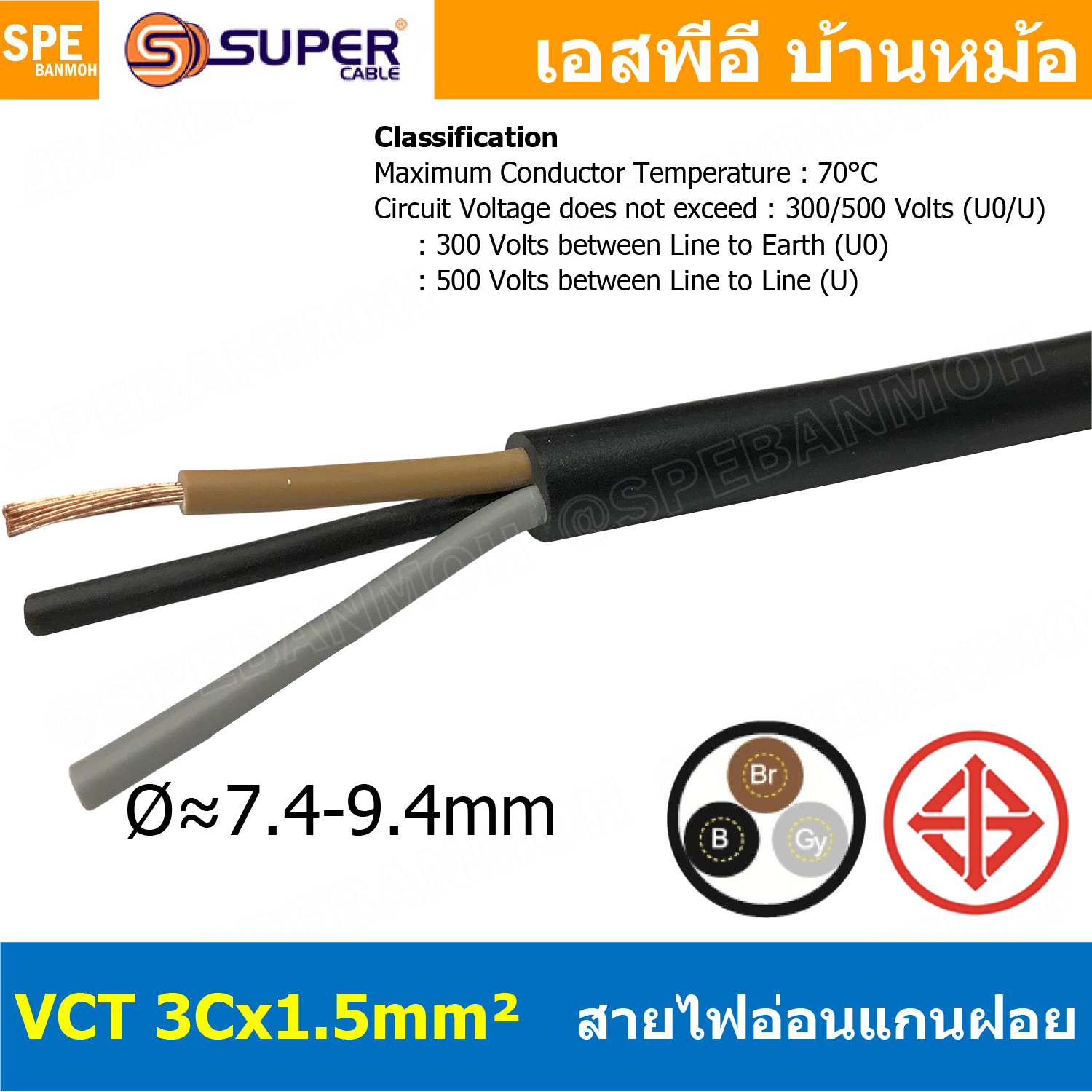[ 2 เมตร ] VCT-3x1.5 สาย VCT 3C X 1.5 sq.mm สายอ่อน 3 คอร์ Size 1.5 sq.mm VCT AC Power Cable สายไฟ AC สายปลั๊ก IEC53 สายมาตรฐาน มอก. TIS 11-2553 3x1.5 สายไฟเอซี สายไฟบ้าน VCT Cable Flexible Cable สายไฟ ฉนวนPVC สายไฟอ่อน