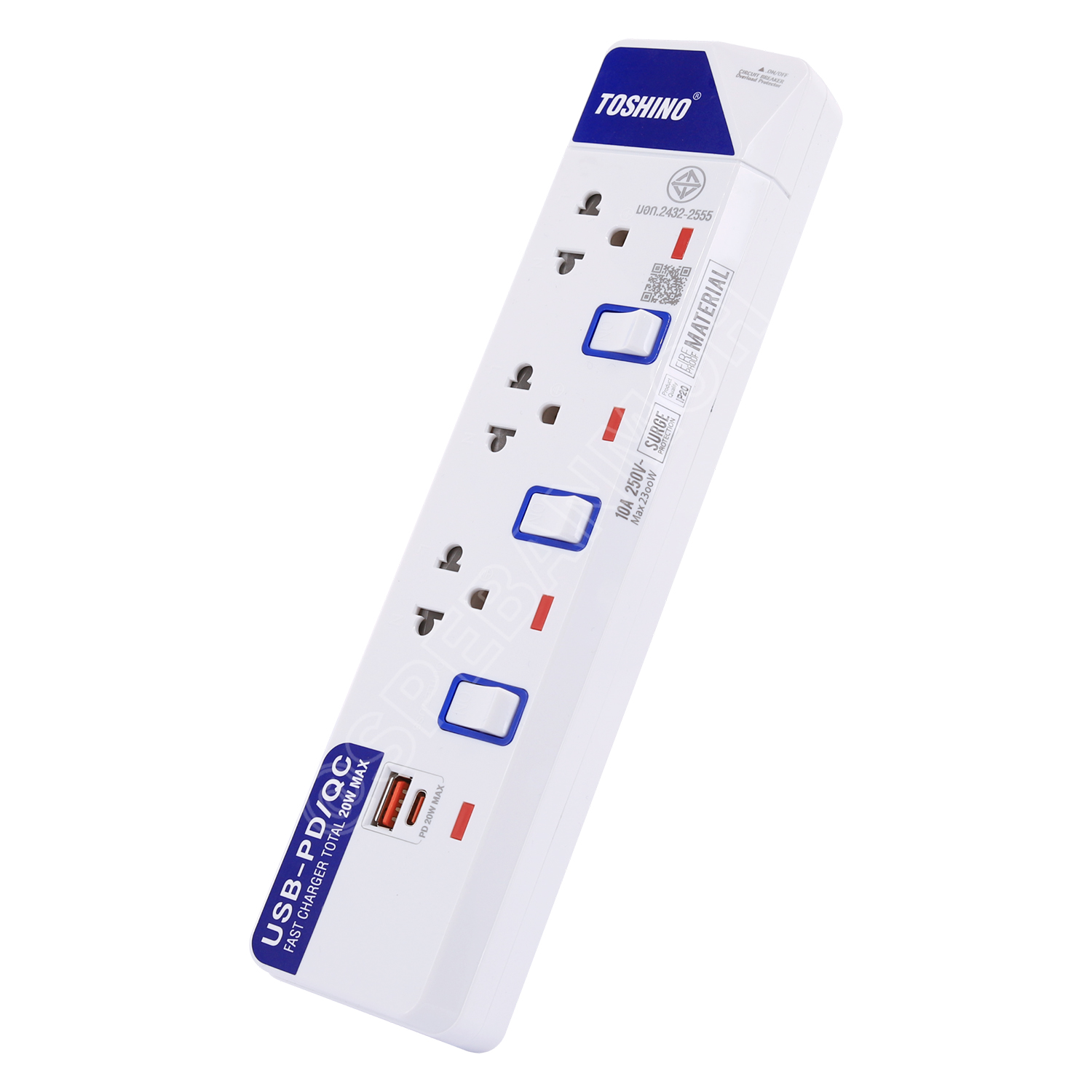 [ 1 ชิ้น ] ET-913UC รางปลั๊กพ่วง TOSHINO PD/QC20W Type-C/USB มี 3 เต้าเสียบ 3 เมตร มีสวิทช์แยก 3 Socket 2300W 3X0.75 sq.mm 10A Surge Protection Circuit Breaker USB 3.1A Charger ม่านนิรภัยป้องกันนิ้วมือ ET-913 ET913