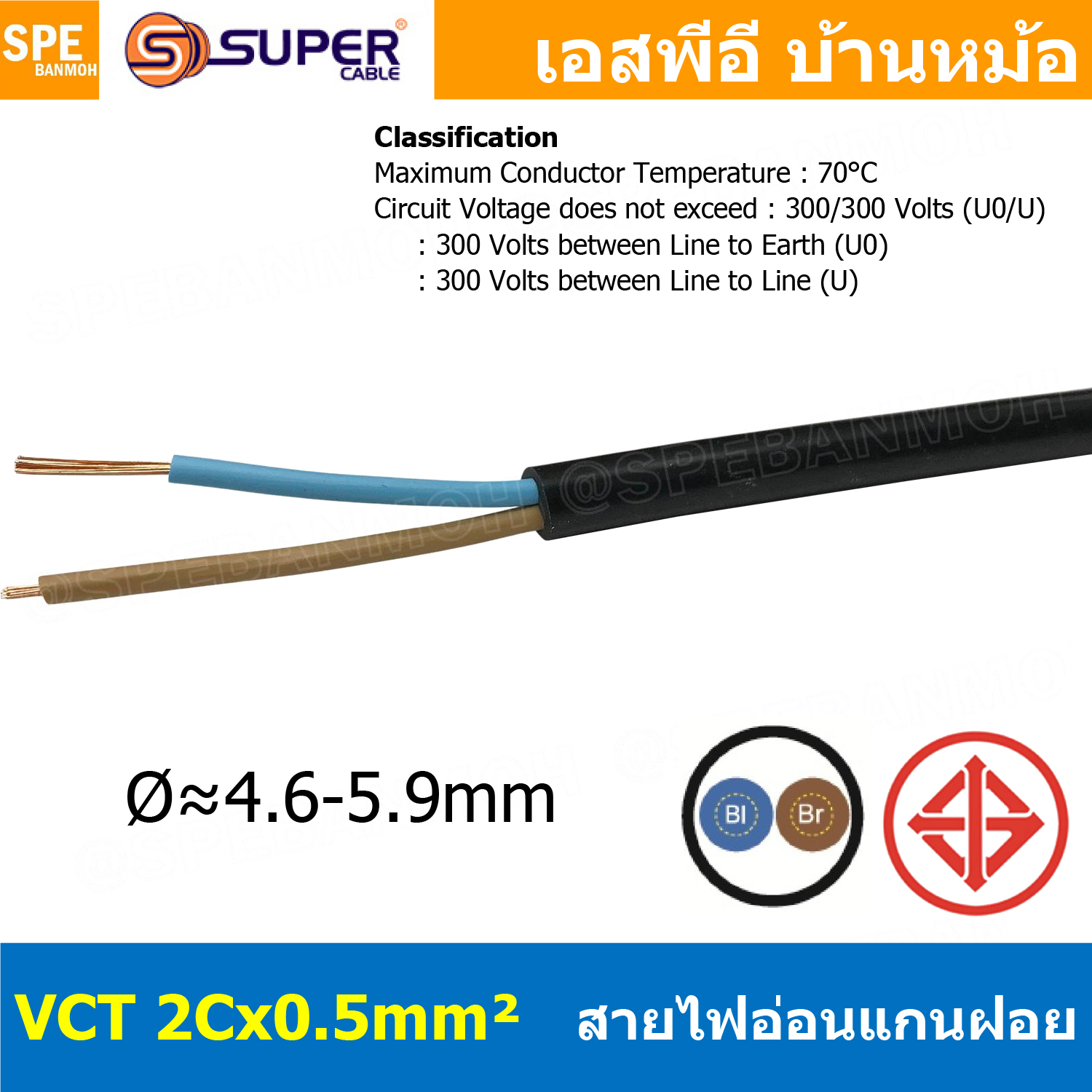 [ 3 เมตร ] VCT-2x0.5 สาย VCT 2C X 0.5 sq.mm สายอ่อน 2 คอร์ Size 0.5 sq.mm VCT AC Power Cable สายไฟ AC สายปลั๊ก IEC53 สายมาตรฐาน มอก. TIS 11-2553 2x0.5 สายไฟเอซี สายไฟบ้าน VCT Cable Flexible Cable สายไฟ ฉนวนPVC สายไฟอ่อน