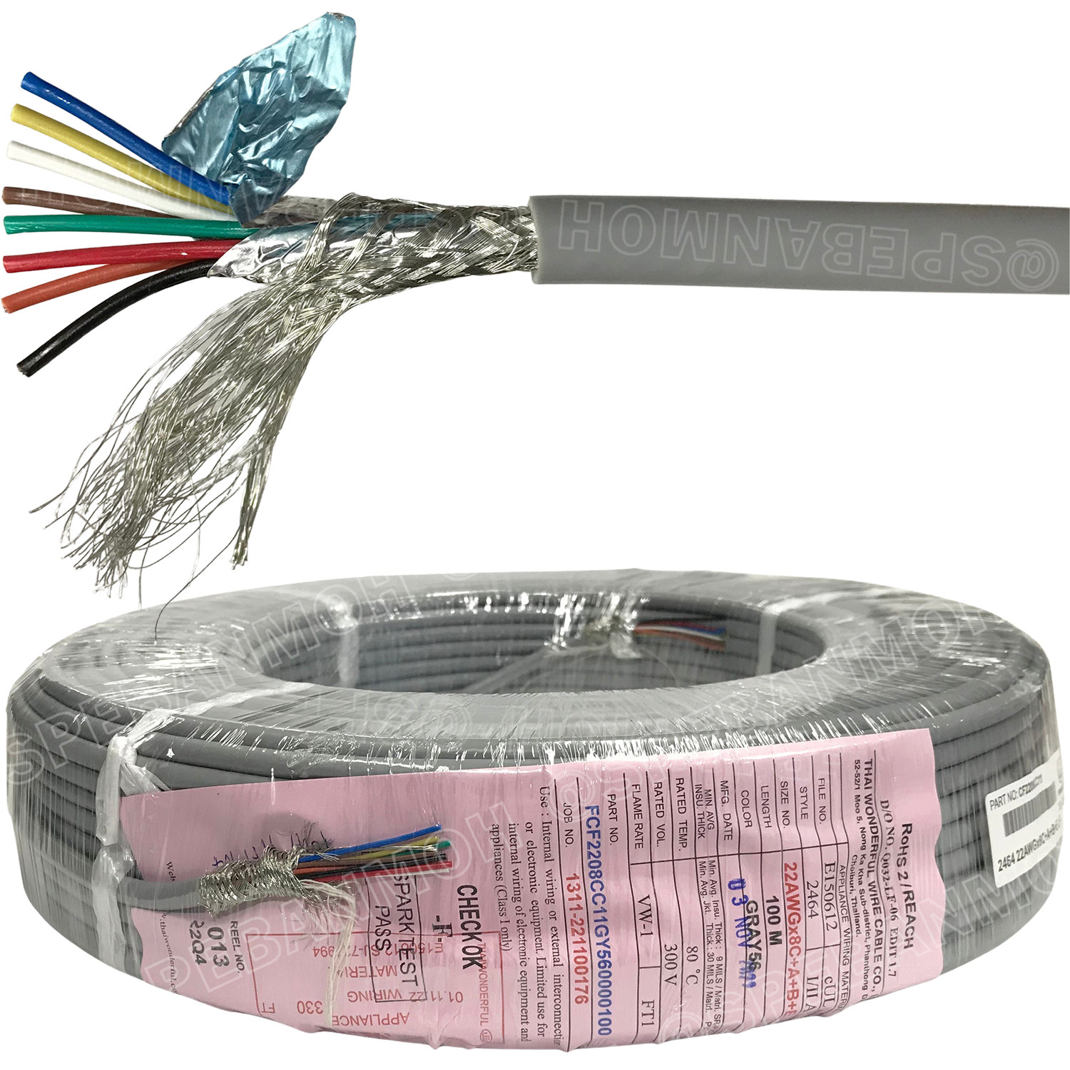 [ 100 เมตร ] TW-2464BS-22AWG-08C ชีลรอบ สีเทา Grey สายมัลติคอร์ 8 คอร์ ขนาด 22AWG 8Cx22AWG UL2464 300V 80°C AWG22 เบอร์ 22 สายชีลรอบ Braid Shielded Multicore Cable 8C Computer Cable TCU Tinned Stranded Copper AWM 2464 22AWG VW-1 80°C 300V E150612 Thai Wo