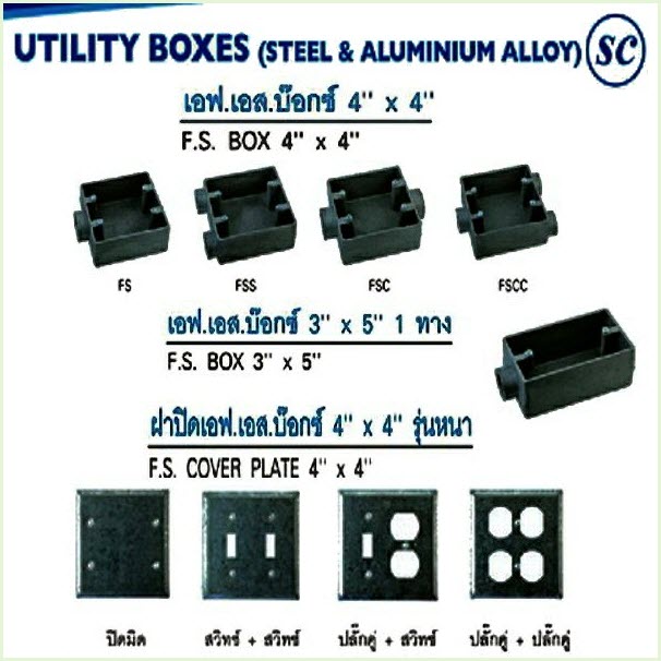 เอฟ.เอส.บ๊อกซ์ 4" x 4" และ รุ่น 3" x 5" 1ทาง , ฝาปิดเอฟ.เอส.บ๊อกซ์ 4" x 4" รุ่นหนา (อุปกรณ์ประกอบท่อร้อยสายไฟฟ้า) F.S. BOX, F.S. COVER PLATE (SC) FS4 series, FSS series, FSC series , FSCC series, FSP series, FS3 series