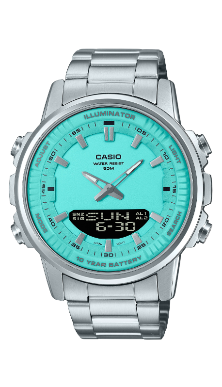 CASIO รุ่น AMW-880D-2A2VDF กรอบสีเงิน สายสเเตนเลส สีเงิน จอสีฟ้า เขียว tiffany blue สินค้าใหม่ ของเเท้ รับประกันศูนย์ CMG 1 ปี