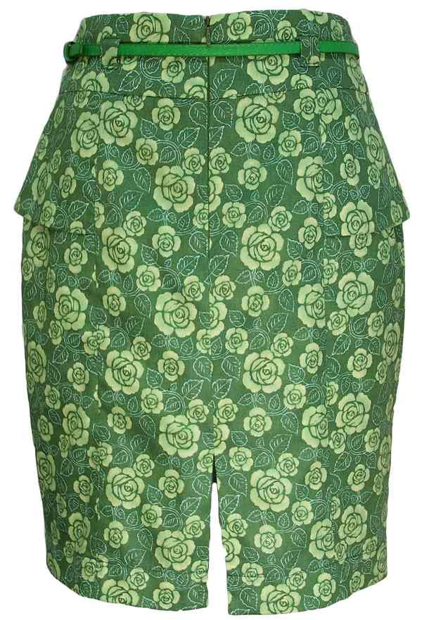 SK-065 กระโปรงทรงสอบ ผ้าคอตต้อนพิมพ์ลายกุหลาบเขียว แต่งขอบเอวด้านหน้า