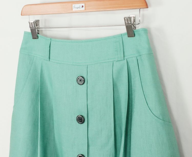 SK-193 กระโปรงแฟชั่น&ทำงาน ทรงบาน ผ้าลินินญี่ปุ่นสีเขียวพาสเทล มีกระเป๋าล้วงได้ 2 ข้าง