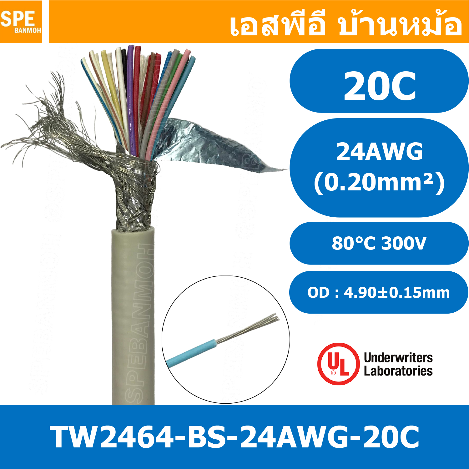 [ 1 เมตร ] TW-2464-BS-24AWG-20C เทา Grey สายมัลติคอร์ 20 คอร์ ขนาด 24AWG 20C x 24AWG UL2464 300V 80°C AWG24 เบอร์ 24 สายชีลรอบ Braid Shielded Multicore Cable 20C Computer Cable TCU Tinned Stranded Copper AWM 2464 20AWG VW-1 80°C 300V E150612 Thai Wonderfu