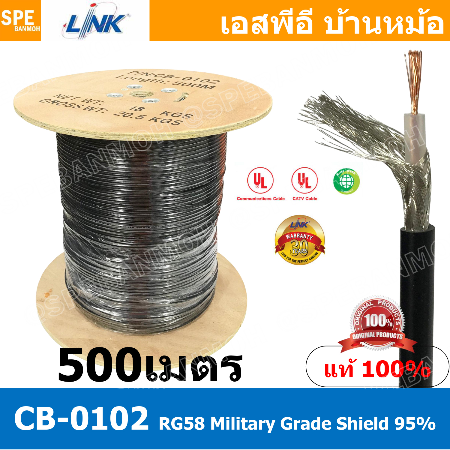 [ 500 เมตร ] CB-0102 RG58 C/U Cable, 95% Shield, Black Jacket MILITARY สาย RG58 ยี่ห้อ LINK สายโคแอกเชียล Coaxial Cable CB-0102 RG 58 C/U 95% Shield ชีล 95% สายโคแอ็ก 50Ohm สายสัญญาณ 20AWG สายสัญญาณแกนแข็ง ชีลทองแดงเคลือบดีบุก สายวิทยุสื่อสาร
