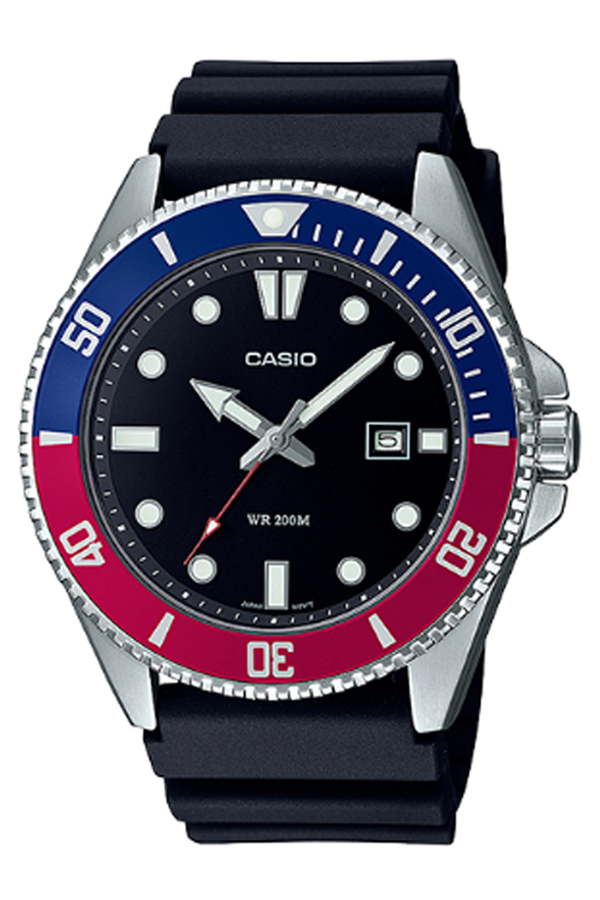 CASIO รุ่น MDV-107-1A3VDF สีดำ กรอบน้ำเงินแดง สินค้าของเเท้ รับประกันศูนย์ CMG