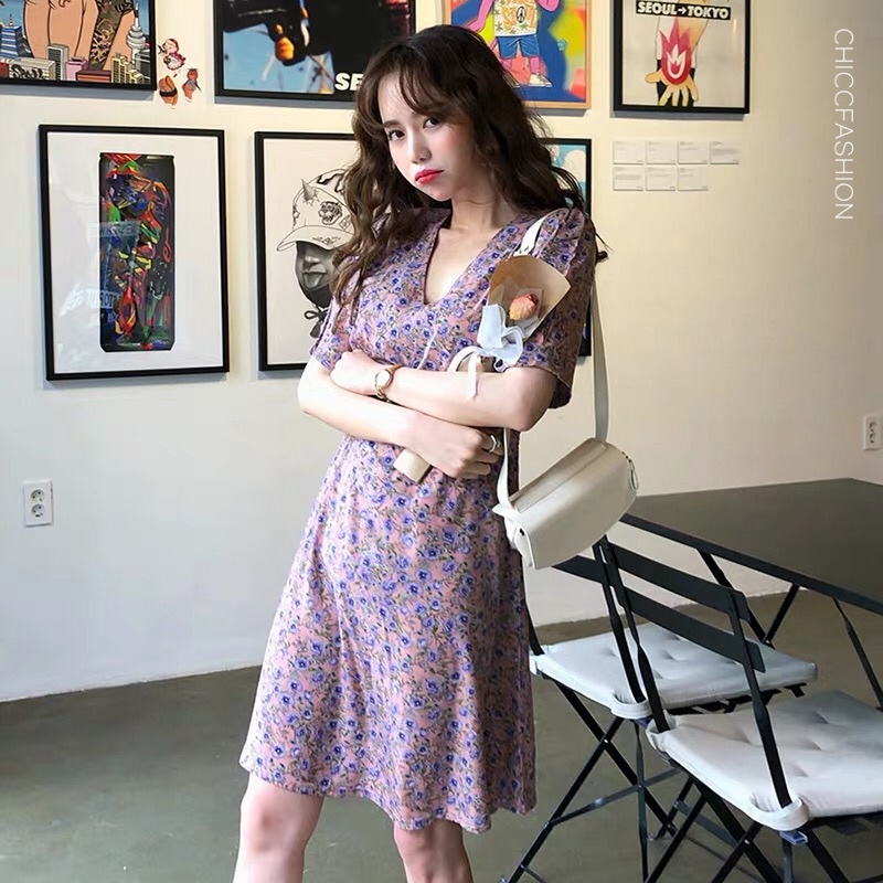 Blossom dress เดรสลายดอกป้ายข้าง สีม่วง