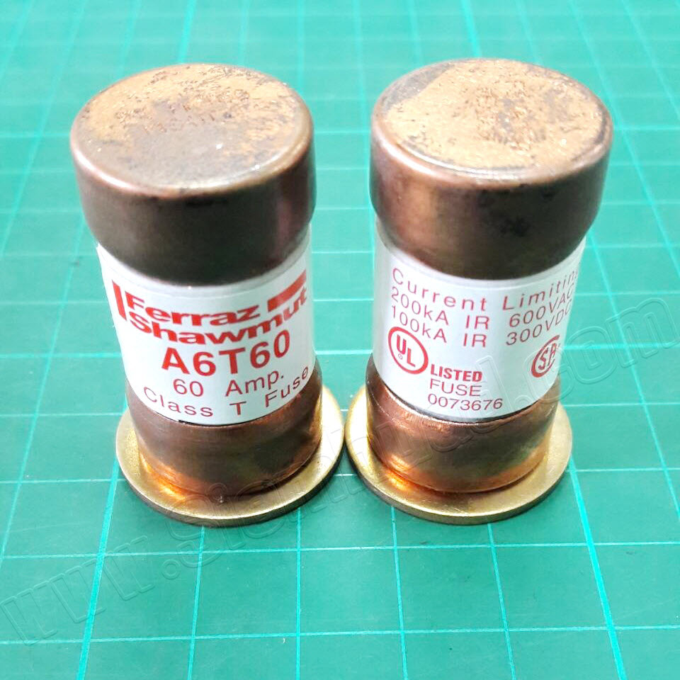 ฟิวส์ Fast acting A3T & A6T Class T (Ferraz Shawmut, MERSEN) A3T series Volts: 300VAC / 160VDC Amps: 1 to 1200A, A6T Volts: 600VAC / 300VDC Amps: 1 to 800A
