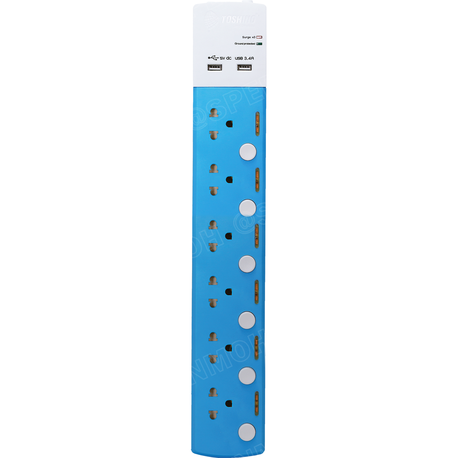 TSP-6T ปลั๊กพ่วง Toshino ปลั๊กพ่วง รางลั๊ก ปลั๊กไฟ Toshino TSP 6T USB 3 x 0.75 sq mm 6 ช่อง 6 สวิทช์ USB 3.4A ยาว 3 เมตร ปลั๊กไฟ Toshino 6ช่อง สาย 3x0.75 Surge Protection ระบบป้องกันไฟกระชาก 3 เท่า ม่านนิรภัย ป้องกันนิ้วมือสัมผัส รองรับกำลังไฟ 10A 2300W