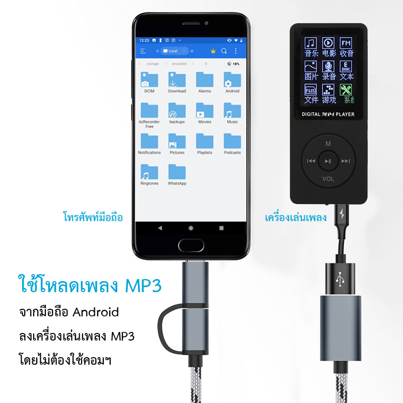 สาย OTG โหลดเพลง MP3 จากมือถือลงเครื่องเล่นเพลง MP3 โดยตรง ไม่ง้อคอม!! FAST 2 in 1 Micro / Type-C OTG CABLE TO USB 3.0
