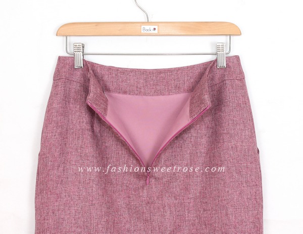 SK-431 กระโปรงแฟชั่น&ทำงาน ทรงสอบ ผ้าคอตต้อนลินินไอริสสีชมพู มีกระเป๋าล้วง 2 ข้าง