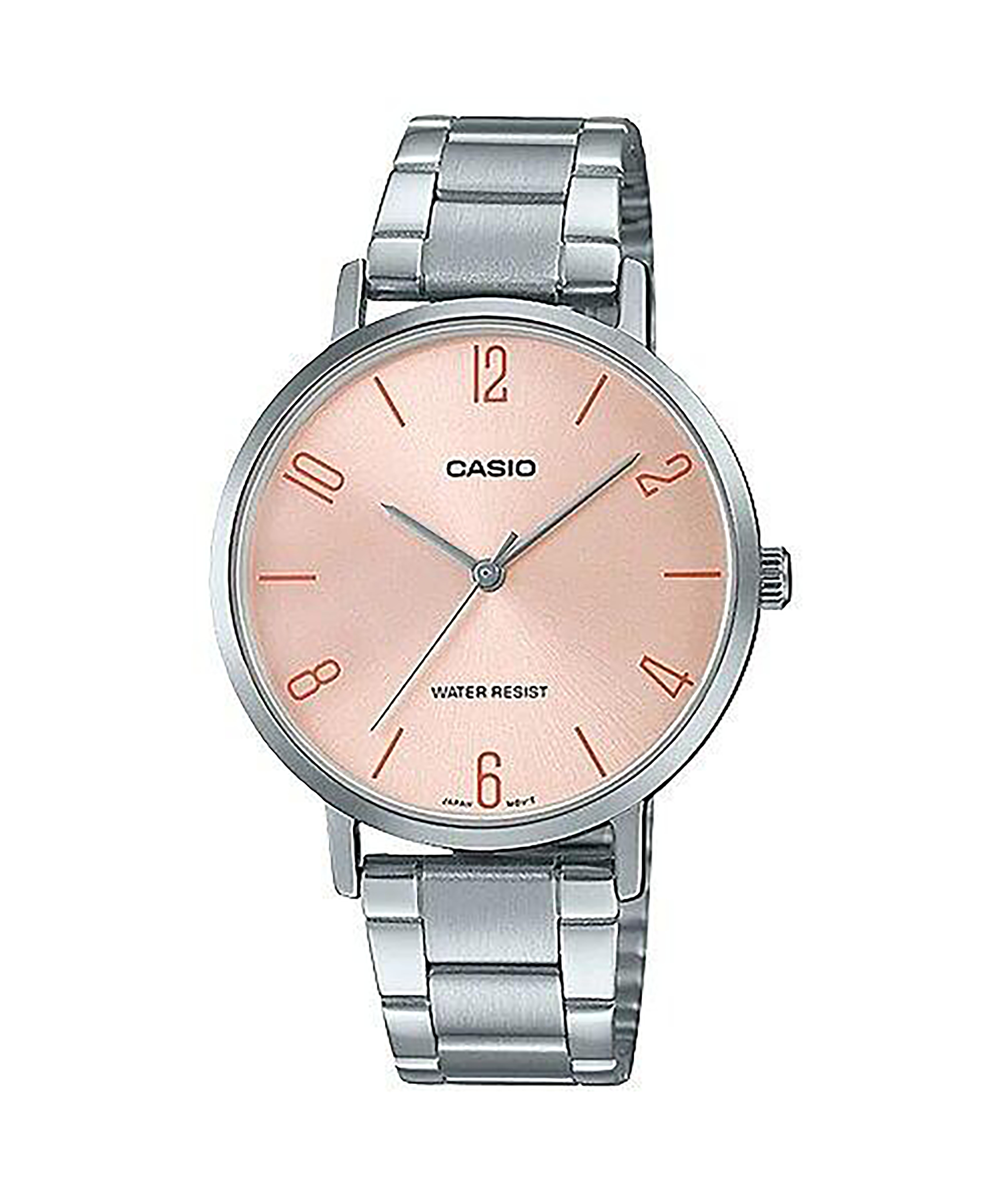 CASIO Standard รุ่น LTP-VT01D-4B2UDF สีเงิน หน้าปัดชมพูเปลือก ไข่ จอเลข สายสแตนเลส สินค้าใหม่ ของแท้ รับประกันศูนย์ CMG