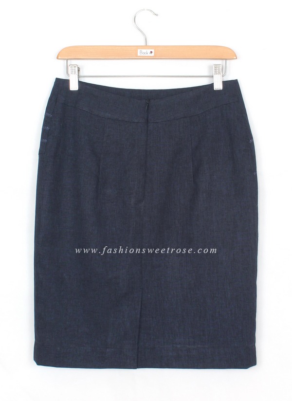 SK-425 กระโปรงแฟชั่น&ทำงาน ทรงสอบ ปักลายก้างปลา ผ้าคอตต้อนลินินไอริสสีน้ำเงิน