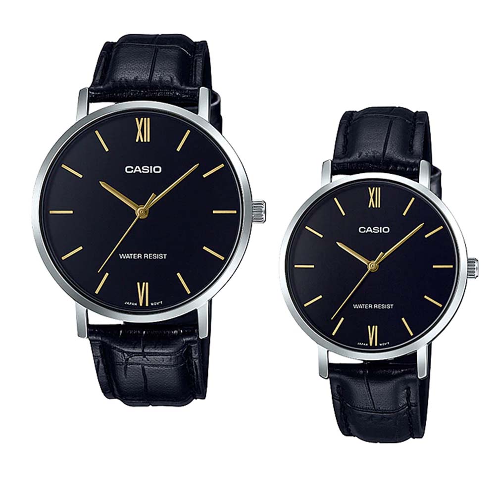 นาฬิกาคู่ CASIO Standard รุ่น MTP-VT01L-1BUDF and LTP-VT01L-1BUDF สายหนัง สีดำ จอดำ สินค้าใหม่ ของแท้ รับประกันศูนย์ CMG