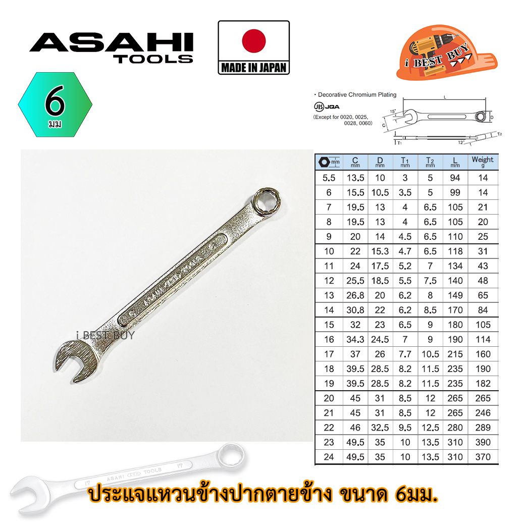 Asahi ประแจแหวนข้างปากตาย อาซาฮี ขนาด 6มม. ผลิตจากประเทศญี่ปุ่น แท้