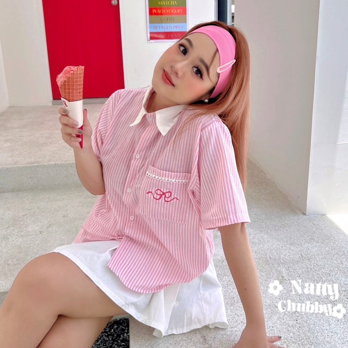 J025 เสื้อเชิ้ตคอปก สาวอวบ ผ้าลายริ้ว อกได้ถึง50นิ้ว