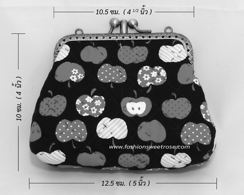 QLT-017 กระเป๋าปิ๊กแป๊กแบบ 2 ช่อง ใส่เหรียญและธนบัตร ผ้าลายลูกแอปเปิ้ลแดงพื้นดำ