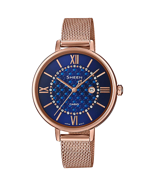 CASIO SHEEN รุ่น SHE-4059PGM-2AUDF สายสแตนเลส สีน้ำเงิน PINK GOLD สินค้าของเเท้ รับประกันศูนย์ CMG