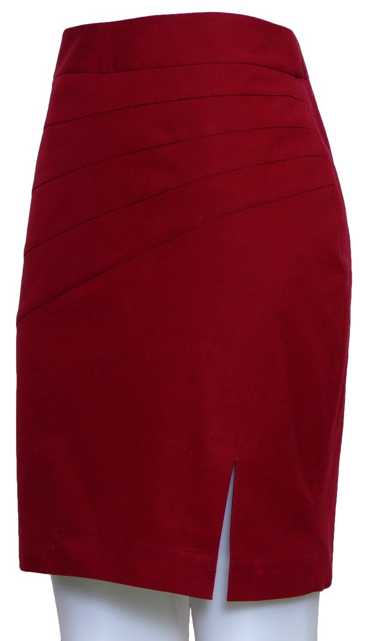 SK-085 กระโปรงทรงสอบ ผ้าคอตต้อนญี่ปุ่นผสมสเปนเดกสีแดงเลือดหมู ด้านหน้าเย็บแบบตัดต่อผ้า