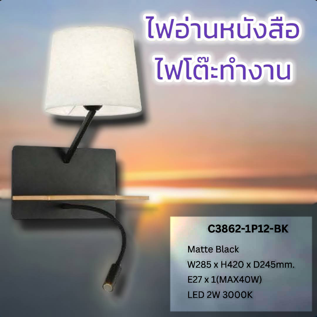 สีดำด้าน ก285 x สูง420 x ล245มม. E27 x 1(สูงสุด40วัตต์) LED 2W 3000K