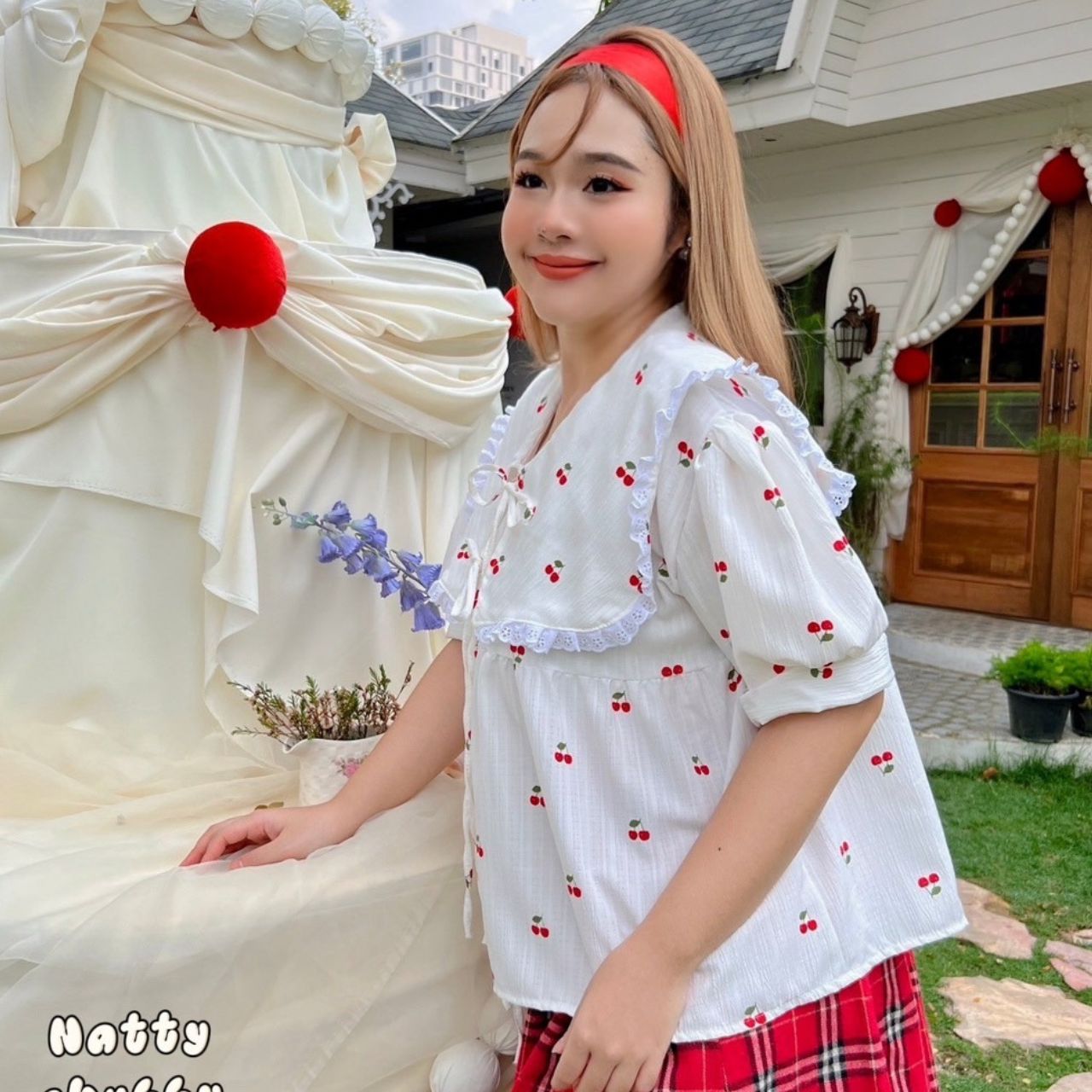 J101 เสื้อ สาวอวบ คอปกแต่งลูกไม้ ผ้าพิมพ์ลายเชอรี่ อกได้ถึง 50 นิ้ว (หน้าผ้า52นิ้ว)