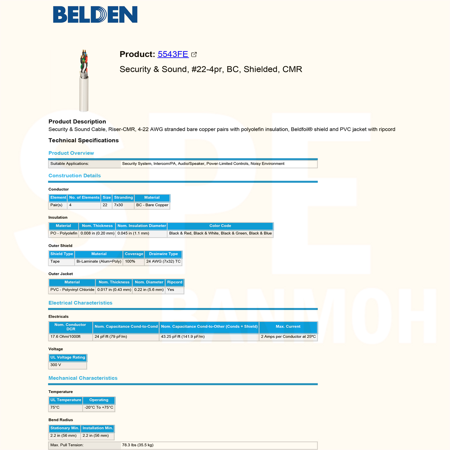 [ 305 เมตร ] Belden 5543FE สายสัญญาณคู่ ตีเกลียว 4P 8Cx22AWG 0.34 mm² Twisted Pair Cable Belden Tinned Copper Wire Beldfoil Shield ทองแดงเเท้เคลือบด้วยดีบุก คุณภาพสูง ป้องกันการกันกร่อน ไม่เป็นขี้เกลือ สำหรับระบบ BAS Automation Control Systems ชีลฟอยด์