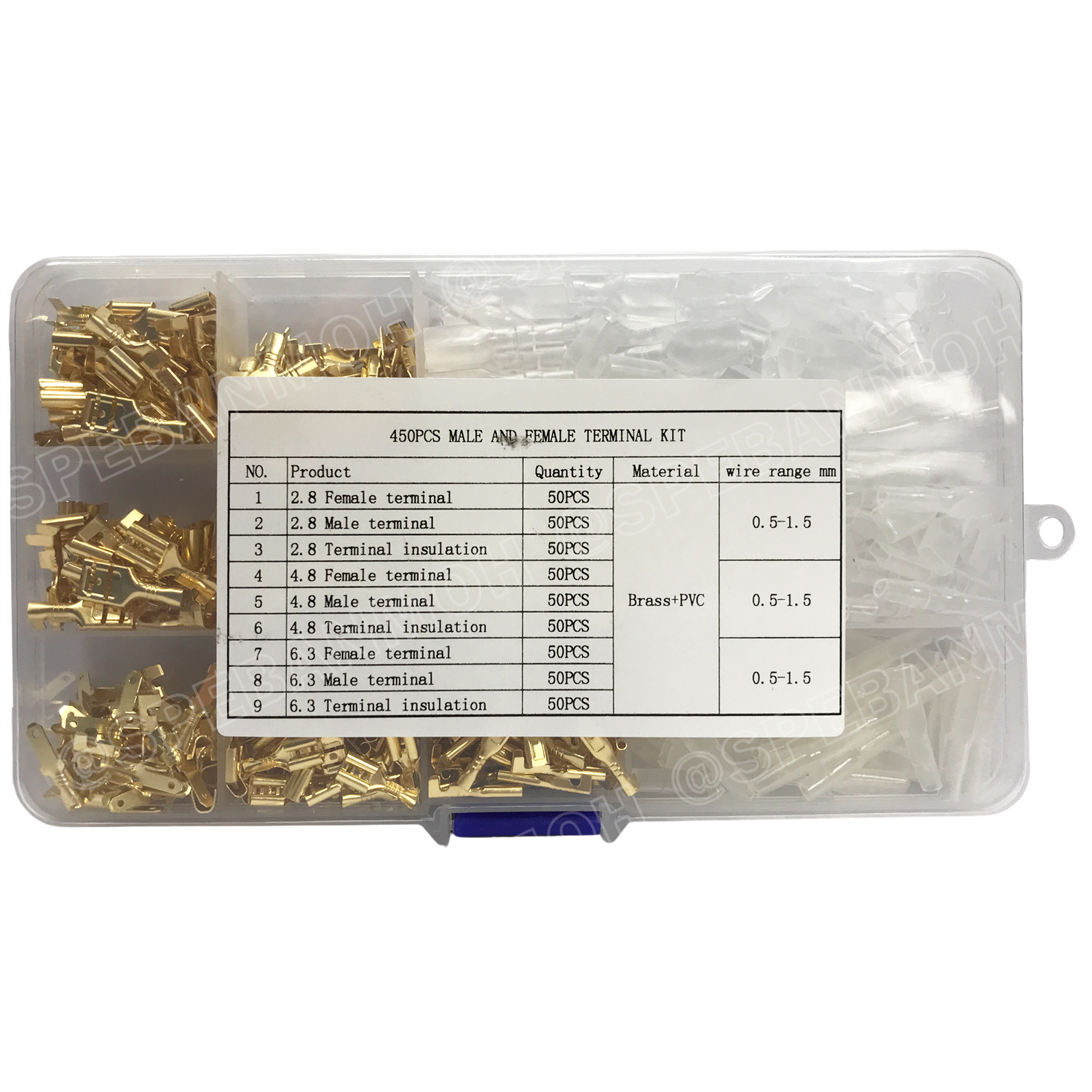 [ 1 กล่อง ] F-450 หางปลาเสียบเปลือยทองเหลืองแบบแบน 450ชิ้น ขั้วต่อสายไฟทองเหลือง ปลอกยางหุ้มหาง ขั้วต่อหางปลา ตัวผู้ ตัวเมีย ชุดเชื่อมต่อสายไฟ หัวเสียบสายไฟทองเหลือง Un-Insulated Crimping Terminal ขนาด 2.8 , 4.8 , 6.3 mm แบบกล่อง 450 pcs