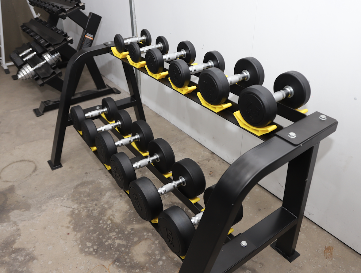 ชุดดัมเบลกลมหุ้มยาง 6 คู่ พร้อมชั้นวาง 2 ชั้น (งานระดับยิมมาตรฐานฟิตเนส)