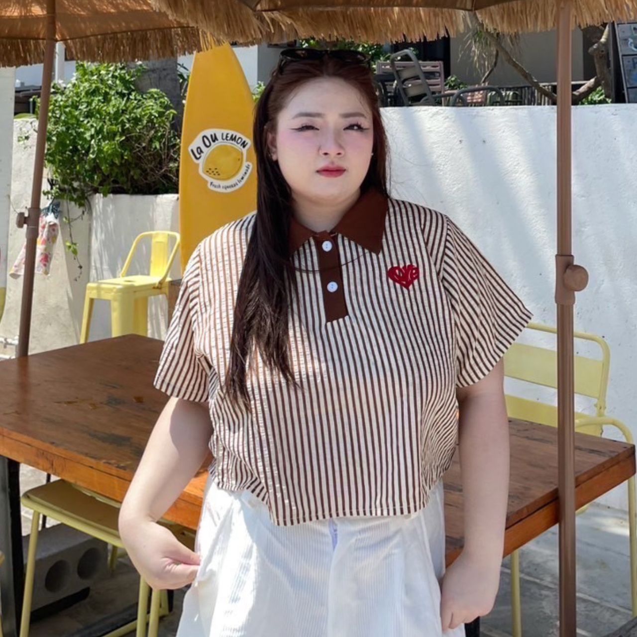 J110 เสื้อครอป คอปก สาวอวบ ดำ น้ำตาล ขาว อก38-48นิ้ว