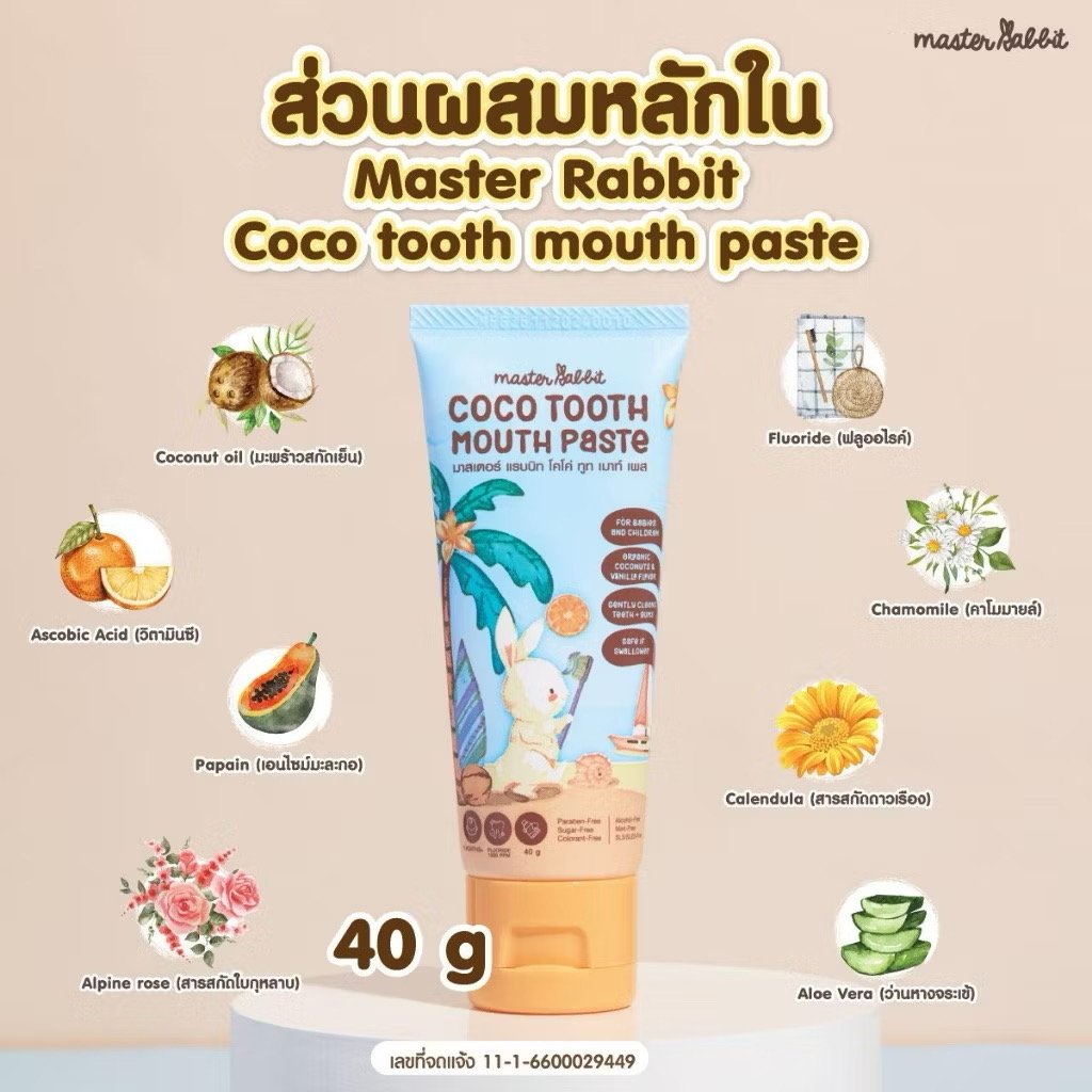 ยาสีฟันสำหรับเด็ก 6เดือนขึ้นไป Master rabbit coco tooth mouth paste