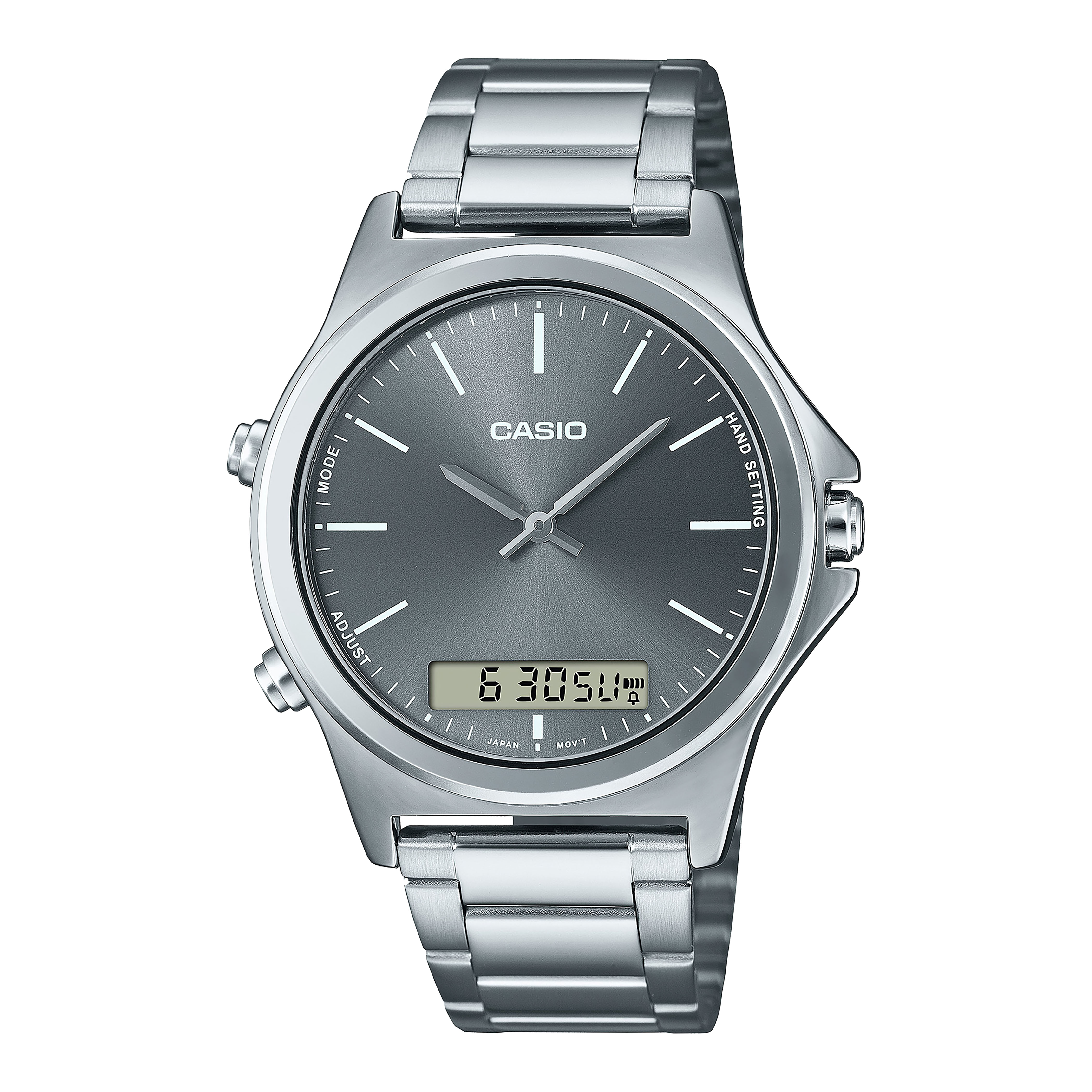CASIO Anloq & digital รุ่น MTP-VC01D-8EUDF สองระบบ เข็ม ดิจิตอล สีเงิน หน้าปัดเทา สายสแตนเลส สินค้าของเเท้ รับประกันสูนย์ CMG 1 ปี