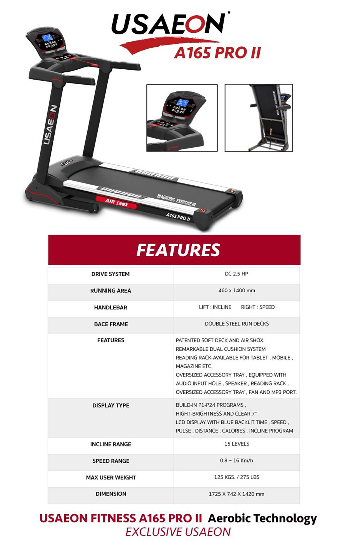 ลู่วิ่งไฟฟ้า USAeon รุ่น A165ProII USA Treadmill